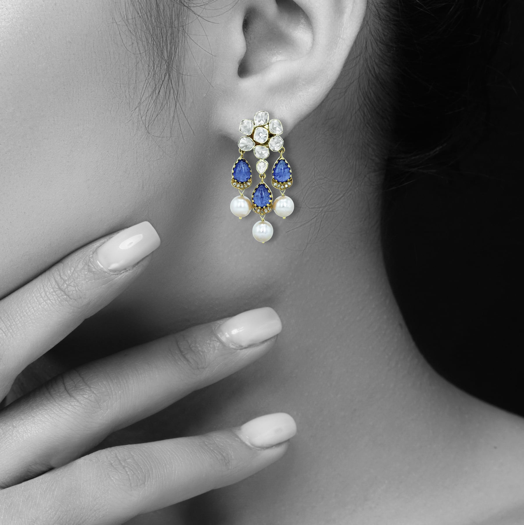 Tanzanite Necklace Set with Polki Diamonds and Pearl Drops